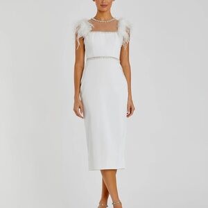 White Feather Cap Sleeve Pearl Embellished Tea-length Fit Dress